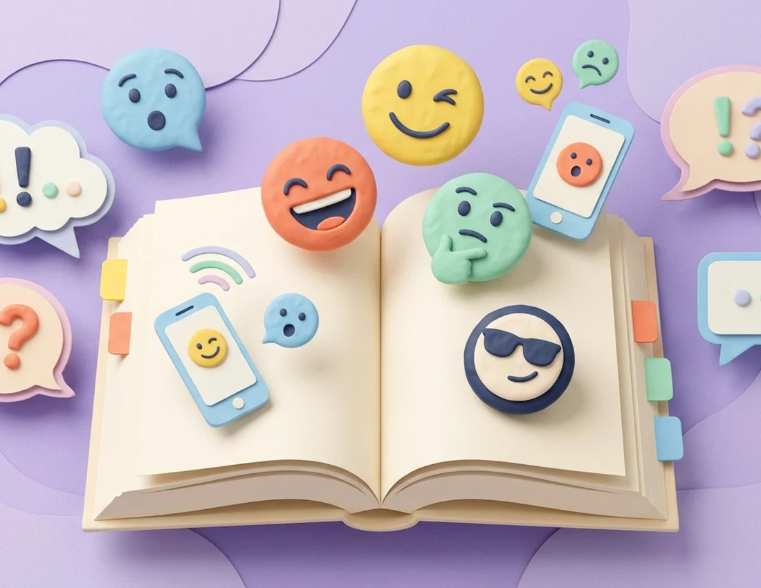 Editorial illustration of colorful emoji, speech bubbles, and punctuation arranged like a magazine collage